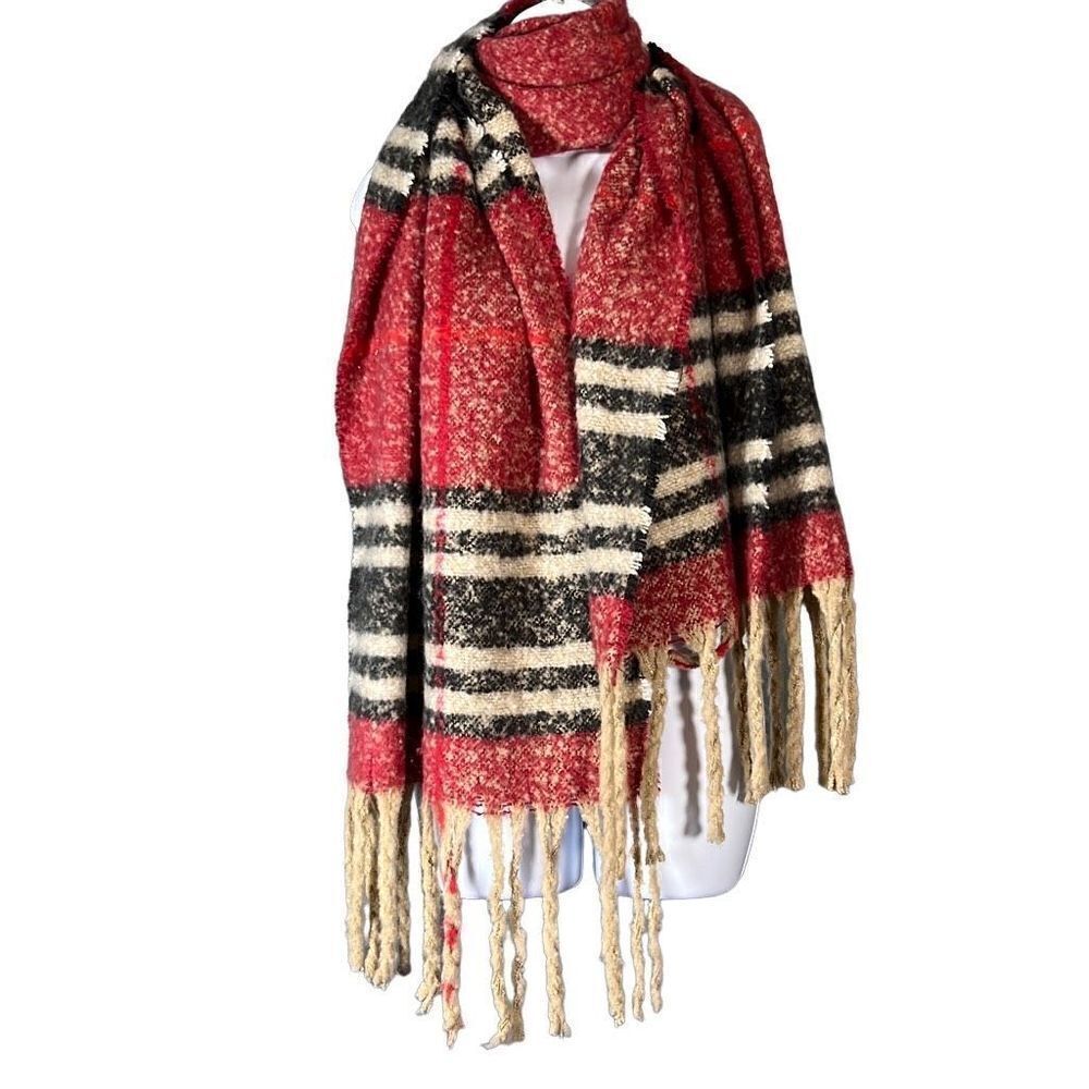 Women's Plaid Neck Scarf Wrap Shawl Fringe Design Fall Winter Red One Size